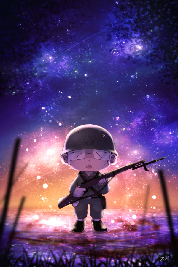 >_<, 1boy, bag, belt, black_belt, black_footwear, blood, blood_in_water, blood_on_face, brown_bag, character_request, collared_shirt, combat_helmet, glasses, grass, green_jacket, green_pants, gun, helmet, holding, holding_gun, holding_weapon, jacket, long_sleeves, male_focus, military_uniform, open_mouth, pants, peleliu_rakuen_no_guernica, ray090611, rifle, shirt, sky, star_(sky), starry_sky, wading, weapon