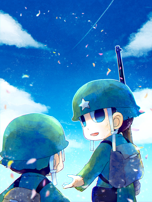 2boys, backpack, bag, black_hair, black_pants, blue_sky, character_request, cloud