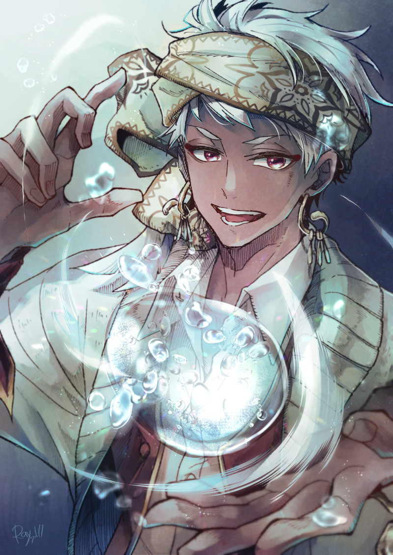 1boy, collared_shirt, earrings, fingernails, hairband, hydrokinesis, jewelry, kalim_al-asim