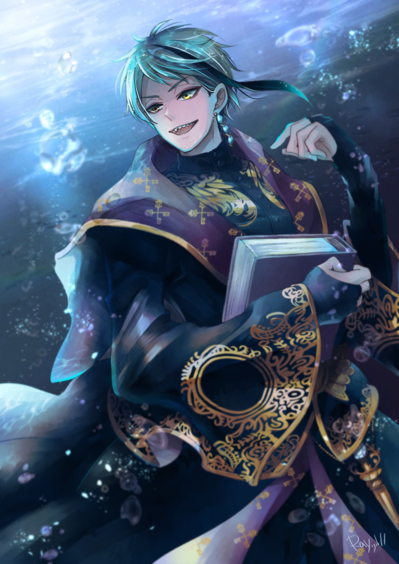 1boy, air_bubble, book, bubble, earrings, eel_boy, floating_earrings, green_hair