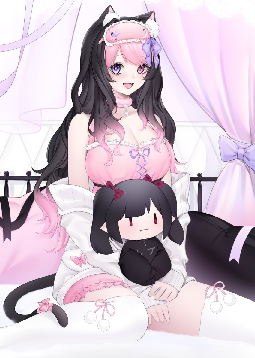 1girl, animal_ear_fluff, animal_ears, bed_sheet, black_hair, breasts, cat_ears, cat_girl, character_doll, cleavage, collar, darlingstrawb, doll, heterochromia, highres, indie_virtual_youtuber, large_breasts, long_hair, long_sleeves, looking_at_viewer, multicolored_hair, nerujunbi, on_bed, open_mouth, pillow, pink_eyes, pink_hair, purple_eyes, rev_says_desu, ribbon, short_twintails, sitting, sleeves_past_wrists, smile, solo, stuffed_toy, tail, tail_ornament, tail_ribbon, thighhighs, twintails, two-tone_hair, virtual_youtuber, white_thighhighs