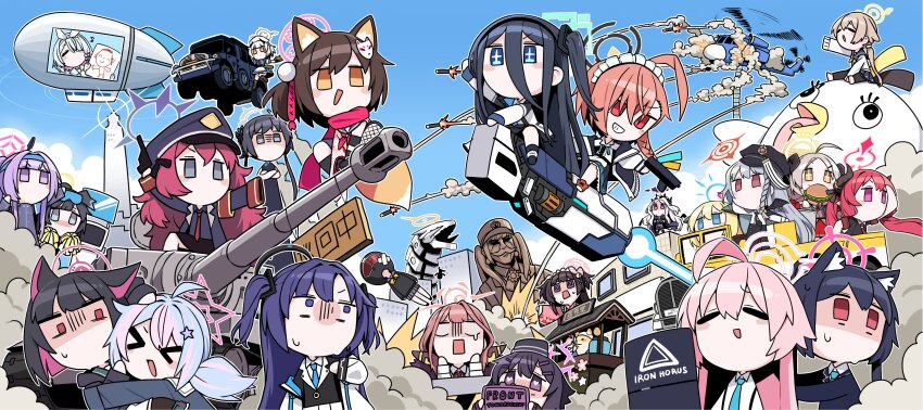 >_<, 6+girls, :d, absurdly_long_hair, absurdres, ahoge, aircraft, akari_(blue_archive)