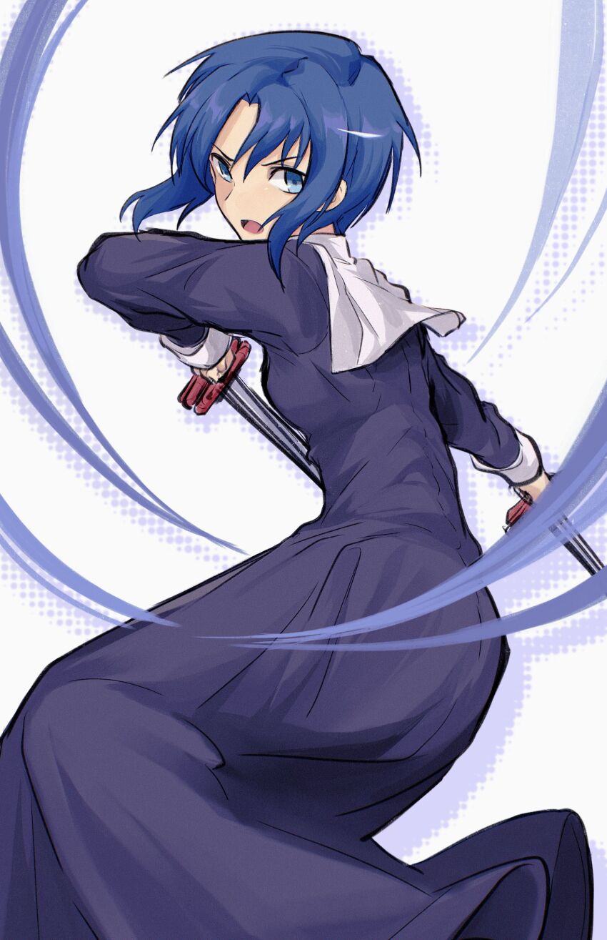 1girl, absurdres, black_dress, black_keys_(type-moon), blue_eyes, blue_hair, ciel_(tsukihime), commentary, dress, english_commentary, habit, highres, holding, holding_sword, holding_weapon, long_sleeves, looking_at_viewer, nun, open_mouth, parted_bangs, short_hair, solo, sword, tara3763, traditional_nun, tsukihime, weapon