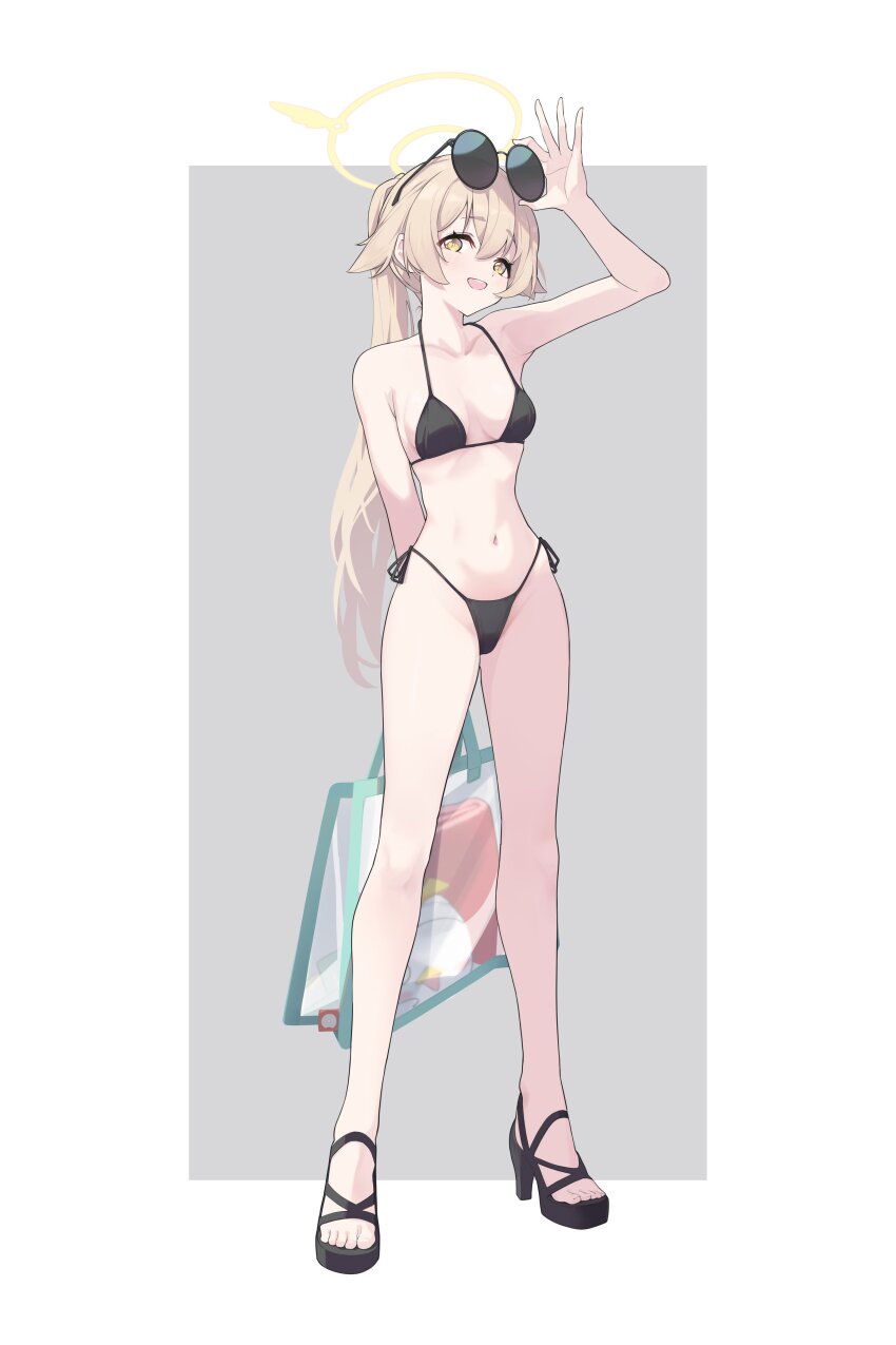 1girl, :d, absurdres, adjusting_eyewear, alternate_costume, arm_behind_back, arm_up, armpits