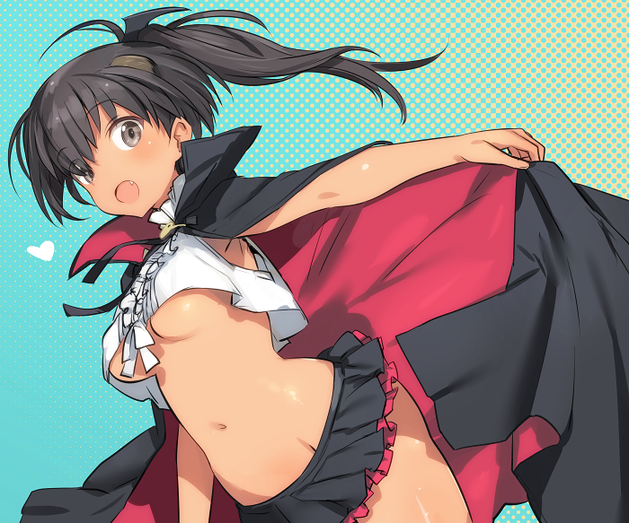 1girl, animal_ears, bird_ears, black_cape, black_hair, blush, cape, commentary_request