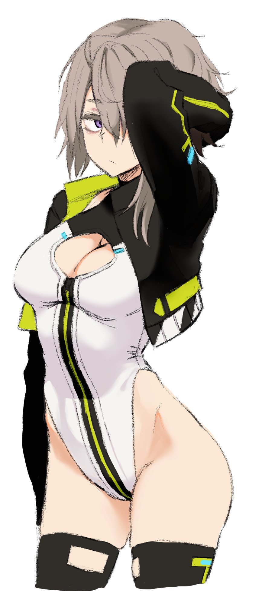 1girl, alice_gear_aegis, black_jacket, black_thighhighs, breasts, closed_mouth, grey_hair, heattech_leotard