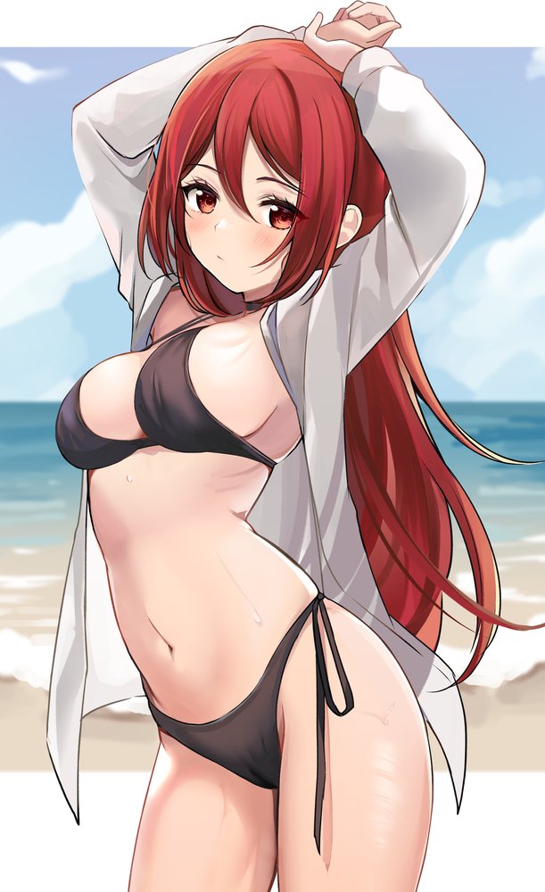 1girl, beach, bikini, black_bikini, blush, breasts, cleavage, closed_mouth