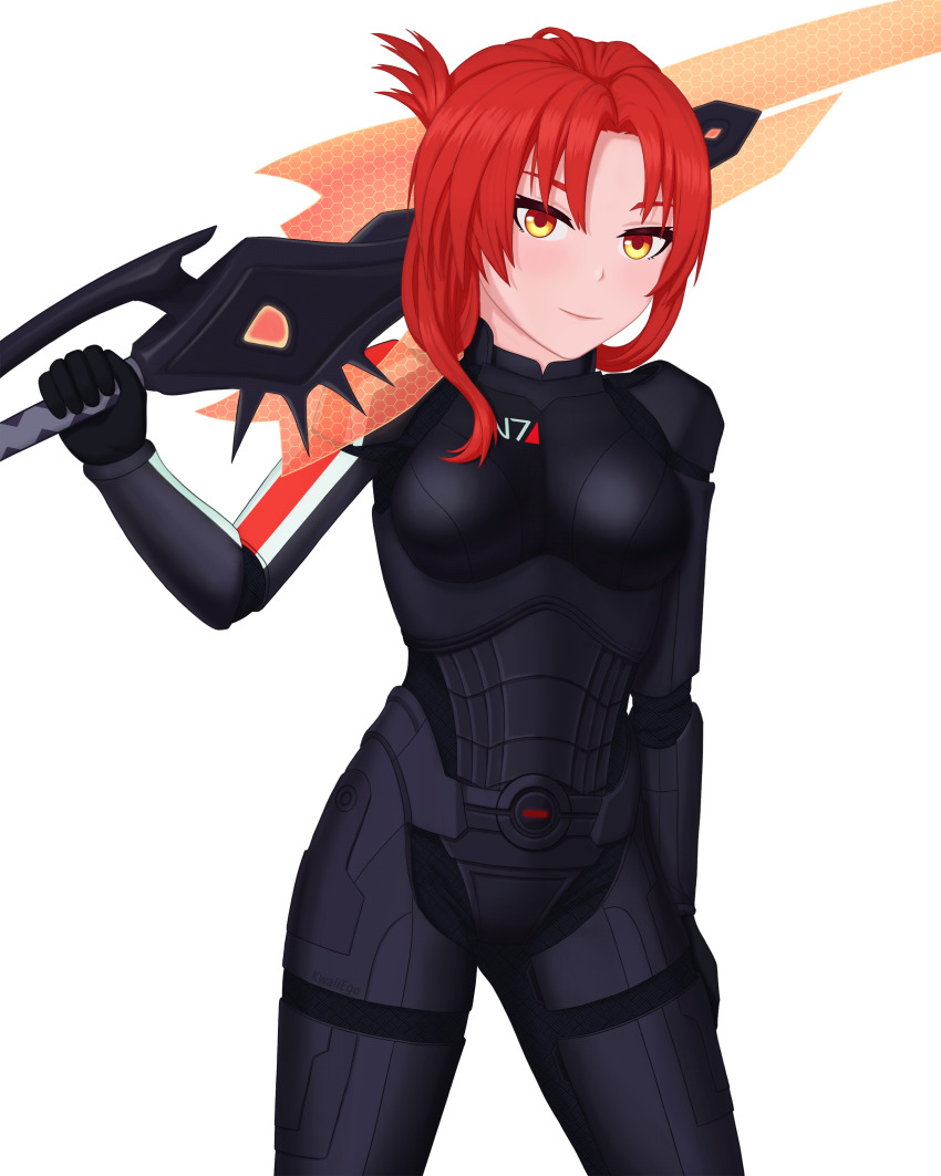 absurdres, armor, breasts, brown_eyes, claymore_(sword), commander_shepard, commander_shepard_(female), commander_shepard_(female)_(cosplay)