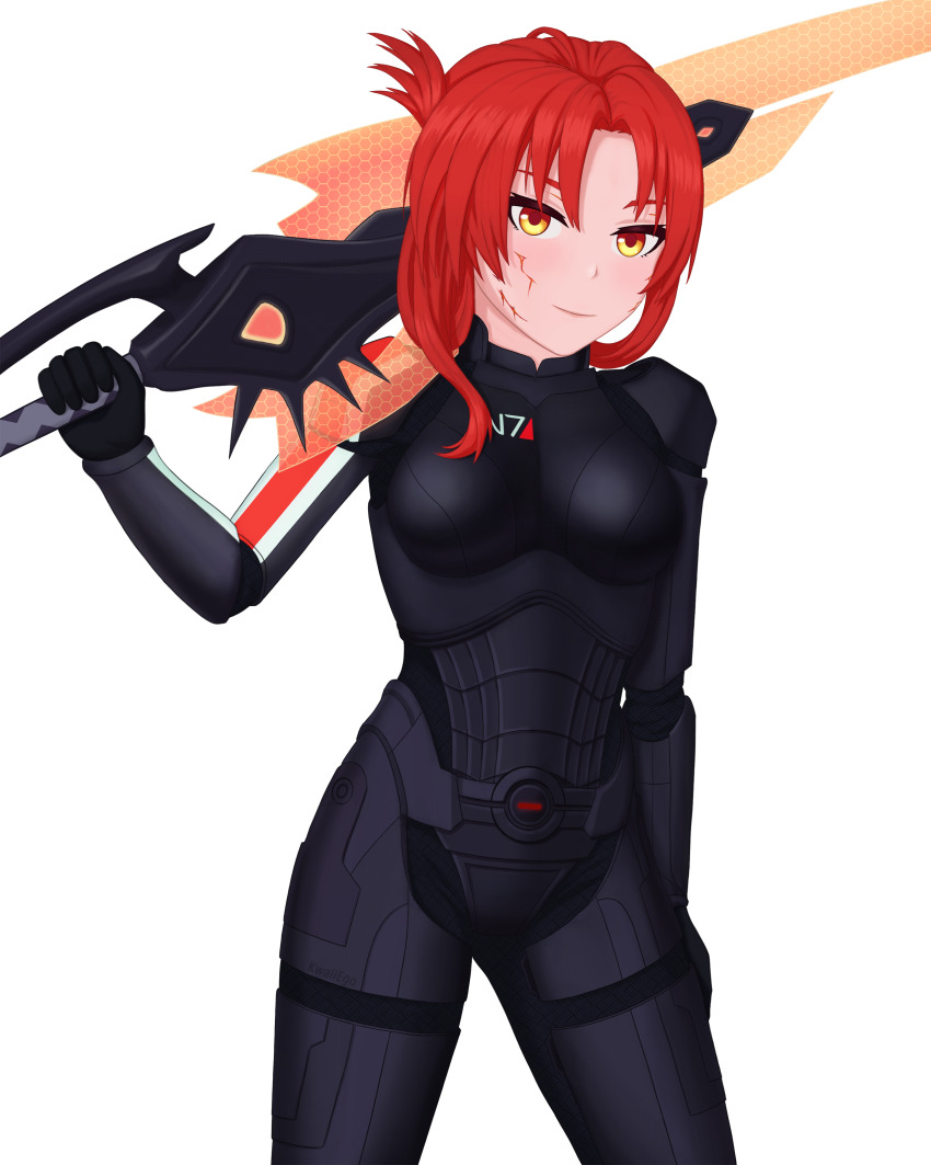 absurdres, armor, breasts, brown_eyes, claymore_(sword), commander_shepard, commander_shepard_(female), commander_shepard_(female)_(cosplay)