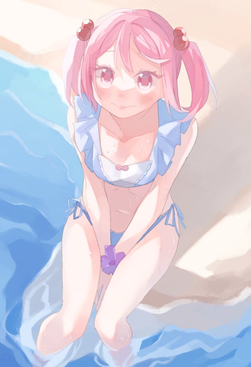 1girl, bikini, blue_bikini, breasts, feet_out_of_frame, hair_bobbles, hair_ornament, highres