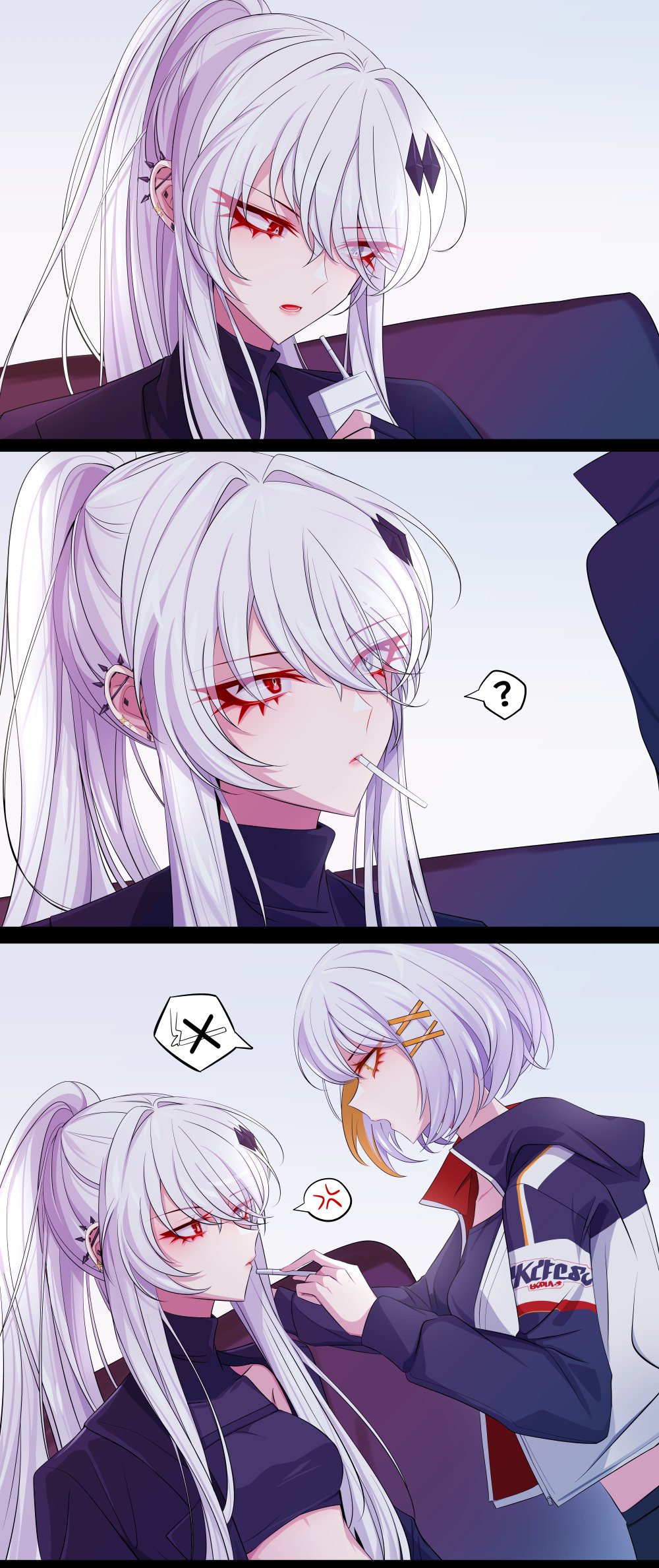 01pado_pado, 2girls, ?, alpha_(pgr), alternate_costume, black_gloves, black_jacket, black_shirt