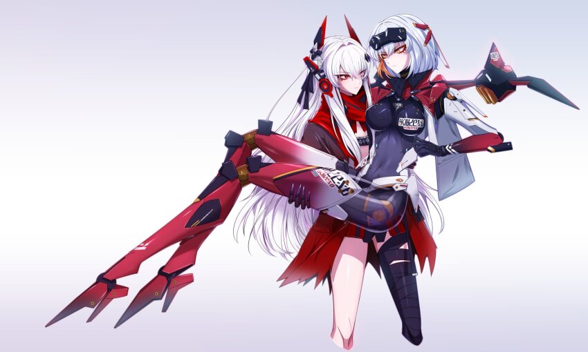 01pado_pado, 2girls, alpha_(pgr), assault_visor, asymmetrical_legwear, bandaged_leg, bandages, bare_legs