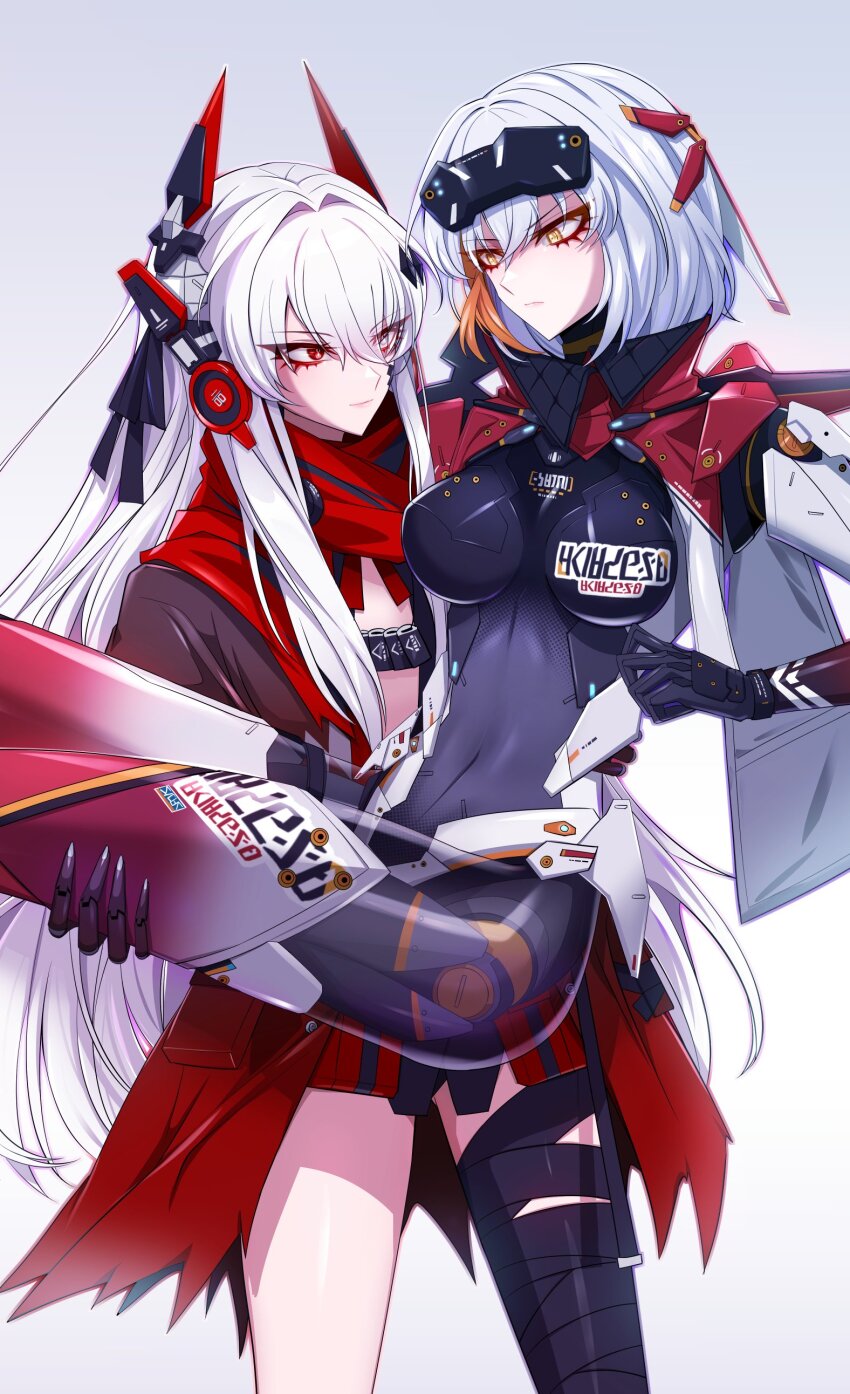 01pado_pado, 2girls, absurdres, alpha_(pgr), asymmetrical_legwear, bandaged_leg, bandages, black_bodysuit