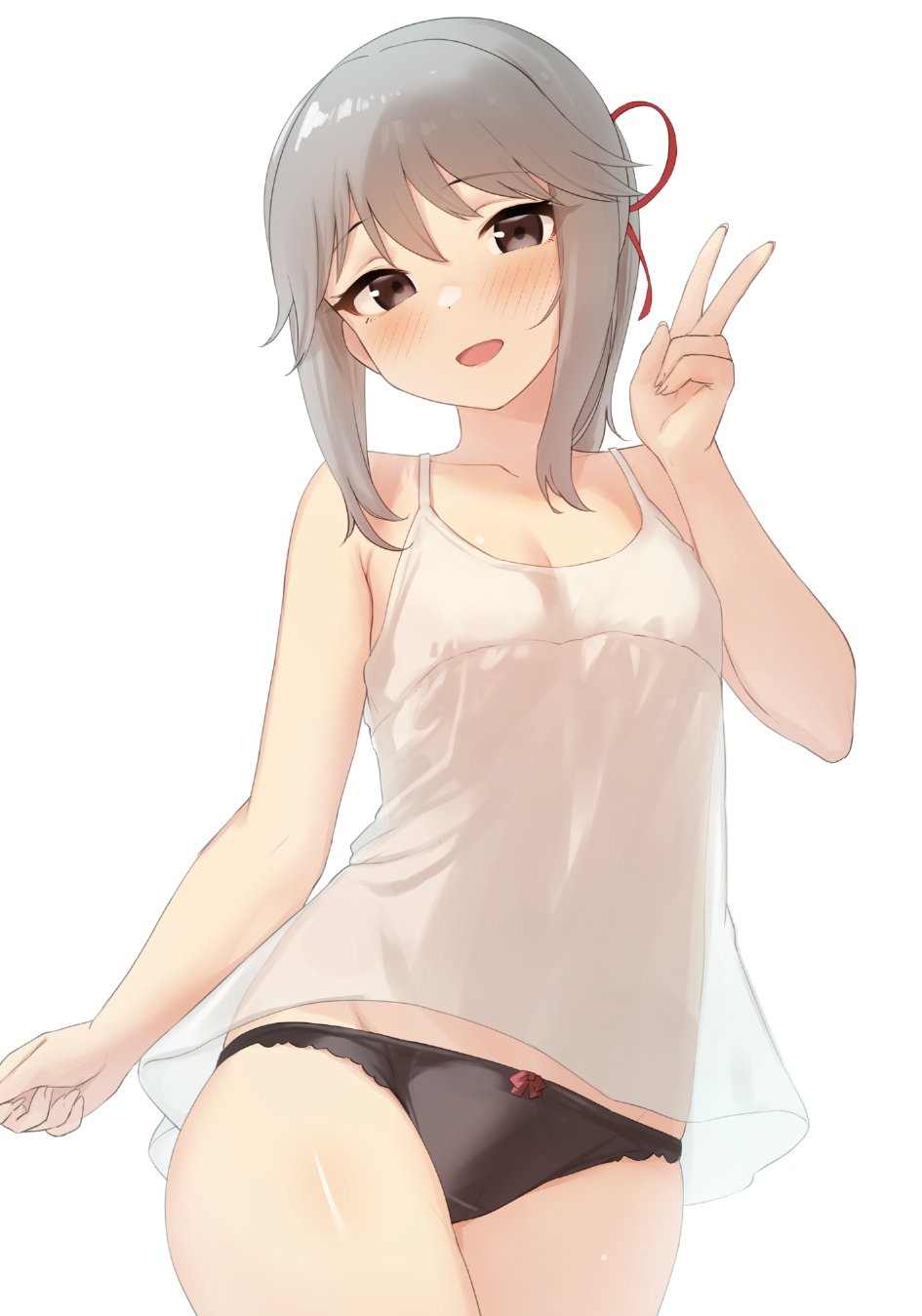 1girl, black_panties, blush, brown_eyes, camisole, collarbone, cowboy_shot, fingernails