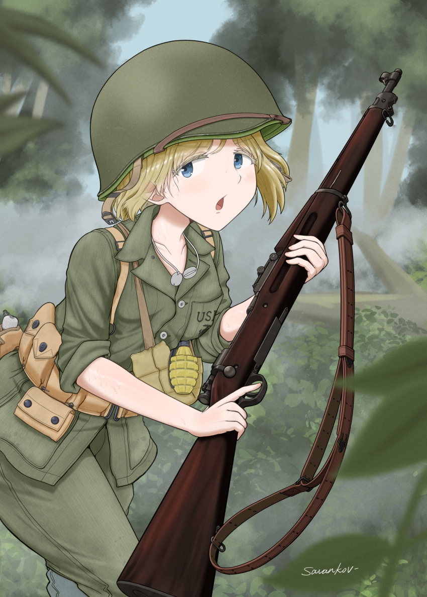 1girl, ammunition_pouch, artist_name, bandolier, belt, blonde_hair, blue_eyes, bolt_action, bush, collarbone, combat_helmet, dog_tags, explosive, eyelashes, grenade, guadalcanal_(island), guadalcanal_campaign, gun, gun_sling, helmet, highres, holding, holding_gun, holding_weapon, jungle, m1903_springfield, m1_helmet, military, military_combat_uniform, military_uniform, nature, open_mouth, original, pouch, rifle, savankov, sleeves_rolled_up, tree, trigger_discipline, united_states_marine_corps, weapon, world_war_ii