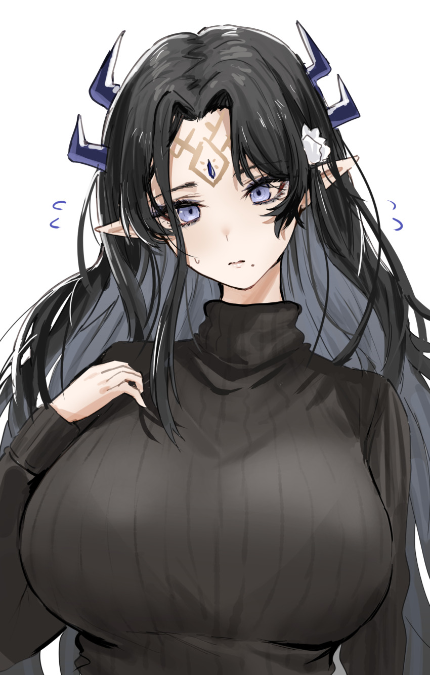 1girl, arknights, black_sweater, blue_eyes, breasts, flying_sweatdrops, forehead_jewel, hand_on_own_chest, highres, horn/wood, horns, large_breasts, long_hair, looking_at_viewer, mole, mole_under_mouth, pointy_ears, simple_background, solo, sweater, tattoo, valarqvin_(arknights), very_long_hair, white_background