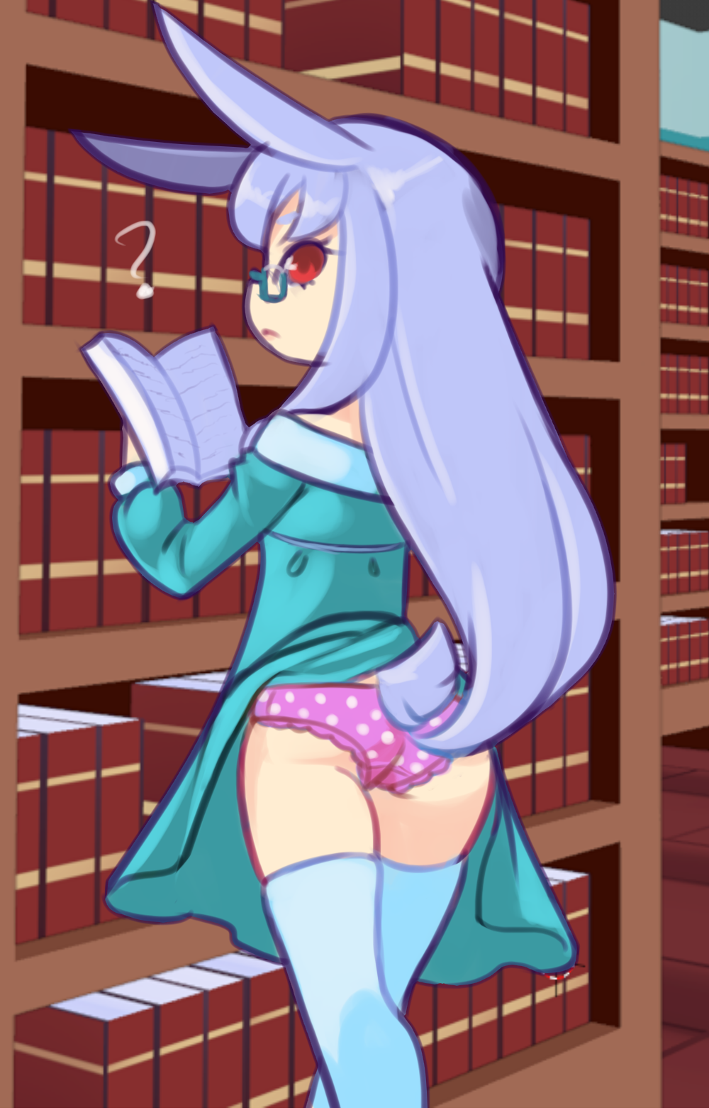 1girl, ?, amy_(ryuhi), animal_ears, ass, book, bookshelf, clothes_lift