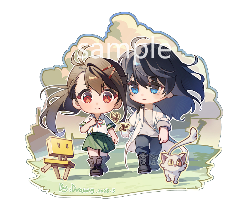 1boy, 1girl, antenna_hair, artist_name, black_hair, blue_eyes, blush, boots