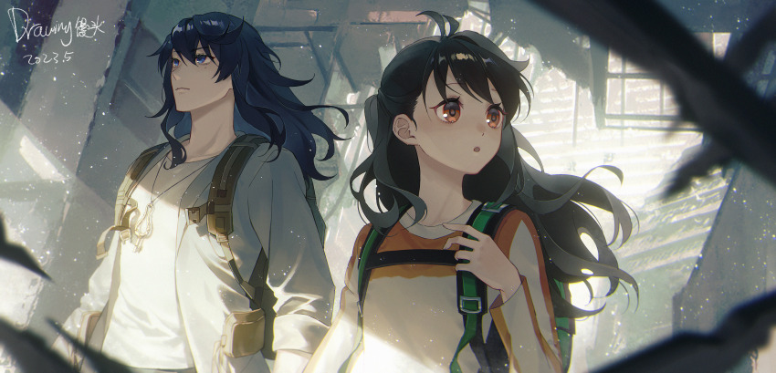 1boy, 1girl, :o, absurdres, antenna_hair, artist_name, backpack, bag