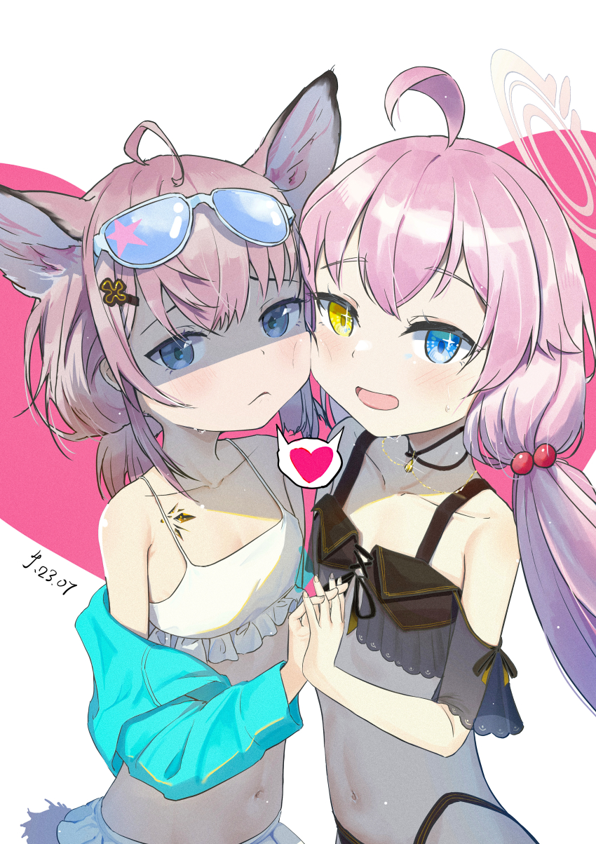 2girls, :d, absurdres, ahoge, animal_ear_fluff, animal_ears, arknights, armpits, bikini, black_bikini, black_choker, blue_archive, blue_eyes, blue_jacket, cheek-to-cheek, choker, collarbone, color_connection, commentary_request, company_connection, cosplay, costume_switch, crossover, extra_ears, eyewear_on_head, flat_chest, fox_ears, fox_girl, fox_tail, frilled_bikini, frills, frown, hair_between_eyes, hair_bobbles, hair_color_connection, hair_ornament, hairclip, halo, heads_together, heart, heterochromia, highres, holding_hands, hoshino_(blue_archive), hoshino_(blue_archive)_(cosplay), hoshino_(swimsuit)_(blue_archive), imaginebeaker, interlocked_fingers, jacket, light_blush, long_hair, long_sleeves, looking_at_viewer, material_growth, medium_hair, multiple_girls, navel, official_alternate_hairstyle, open_clothes, open_jacket, open_mouth, oripathy_lesion_(arknights), pendant_choker, pink_hair, shaded_face, sidelocks, simple_background, sleeveless, smile, spaghetti_strap, spoken_heart, stomach, sunglasses, sussurro_(arknights), sussurro_(arknights)_(cosplay), sussurro_(summer_flower)_(arknights), sweat, swimsuit, tail, two-tone_background, white_bikini, yostar