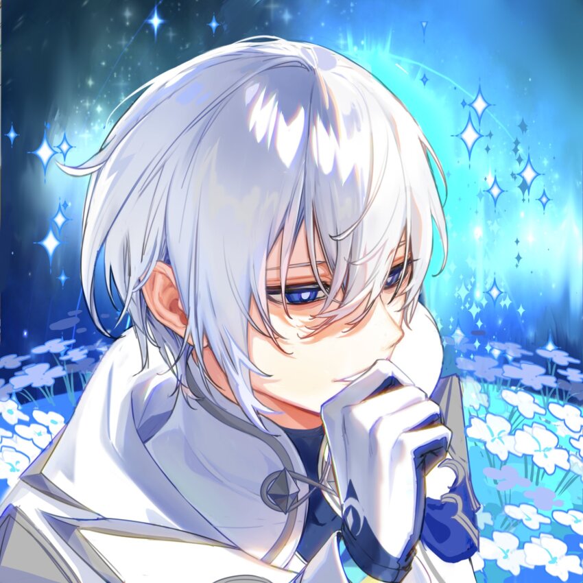 1boy, blue_background, blue_eyes, cloak, elsword, facing_to_the_side, flower, gloves, highres, hood, hood_down, looking_ahead, male_focus, noah_ebalon, nyx_pieta_(elsword), short_hair, smile, smirk, solo, star_(symbol), star_symbol_background, teeth, white_cloak, white_flower, white_gloves, white_hair, zhangyangri