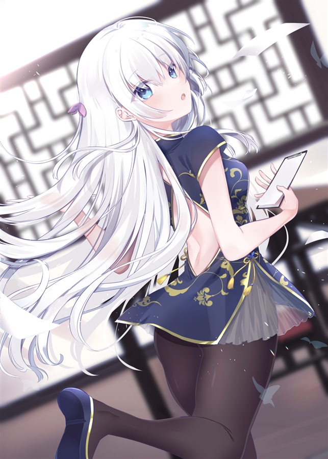 1girl, :o, back, back_cutout, black_pantyhose, blue_dress, blue_eyes, blue_flower