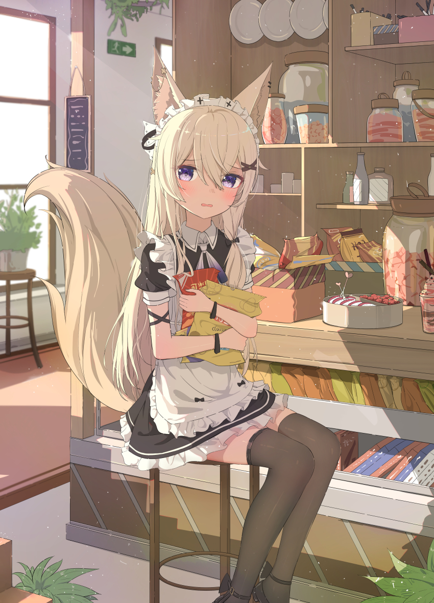 1girl, absurdres, animal_ears, arm_ribbon, bar_stool, black_shoes, blonde_hair, blue_eyes, blush, cabinet, cafe, candy, candy_jar, cat, cat_ears, cat_girl, cat_tail, commentary, dappled_sunlight, day, embarrassed, emergency_exit, exit_sign, food, frown, full_body, hair_between_eyes, hair_over_shoulder, hanging_plant, hanging_props, hano_1219, highres, holding, holding_food, ice_cream, indoors, jar, light_particles, looking_at_viewer, low_side_ponytail, maid, maid_headdress, menu_board, nervous, on_stool, original, parted_lips, plant, plate, ribbon, shelf, shoes, short_sleeves, side_ponytail, sign, sitting, snack, solo, stool, straight_hair, sundae, sunlight, tail, thighhighs, untranslatable_commentary, wavy_mouth, window, zettai_ryouiki