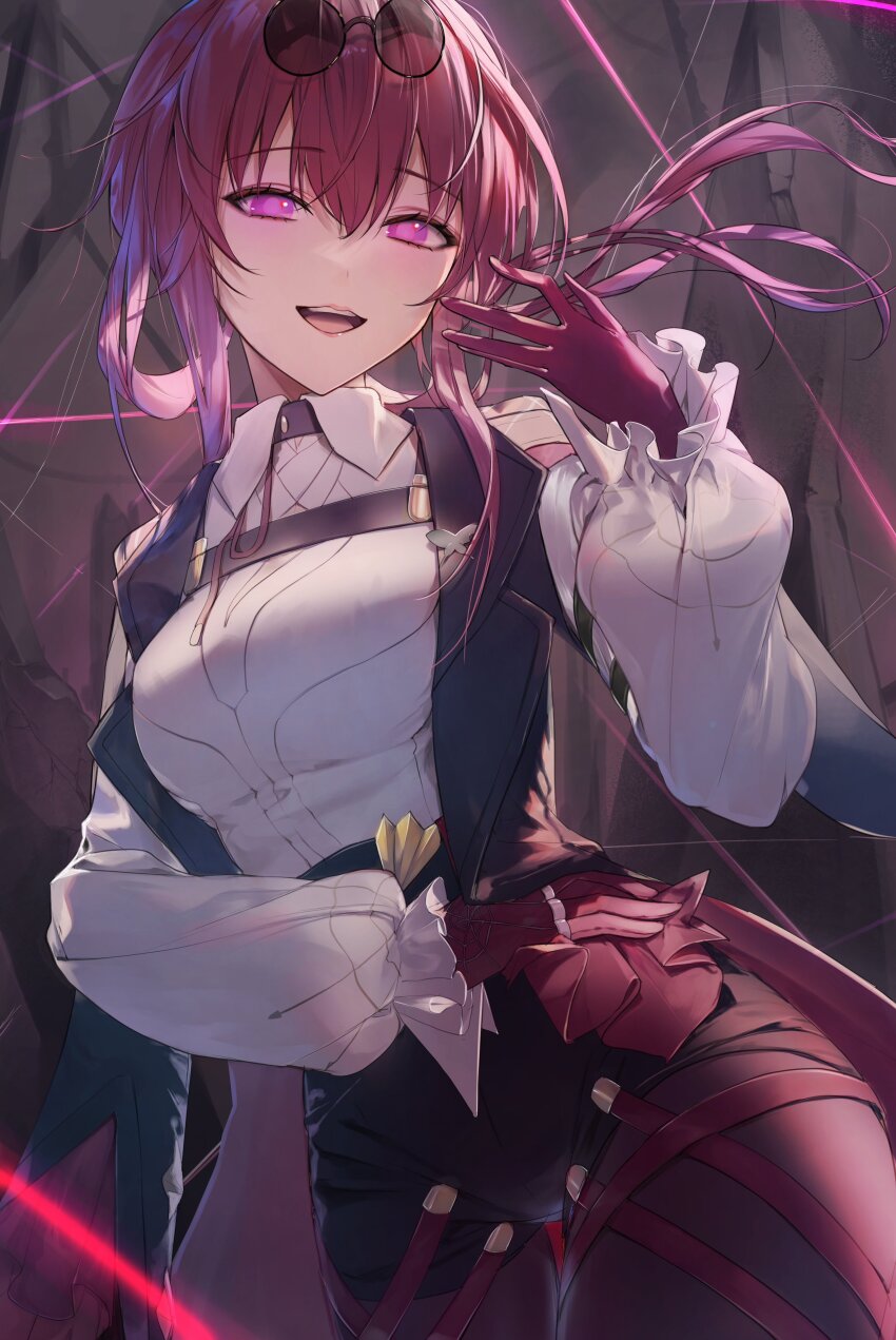 1girl, absurdres, black_coat, coat, coat_on_shoulders, collared_shirt, commentary, eyewear_on_head