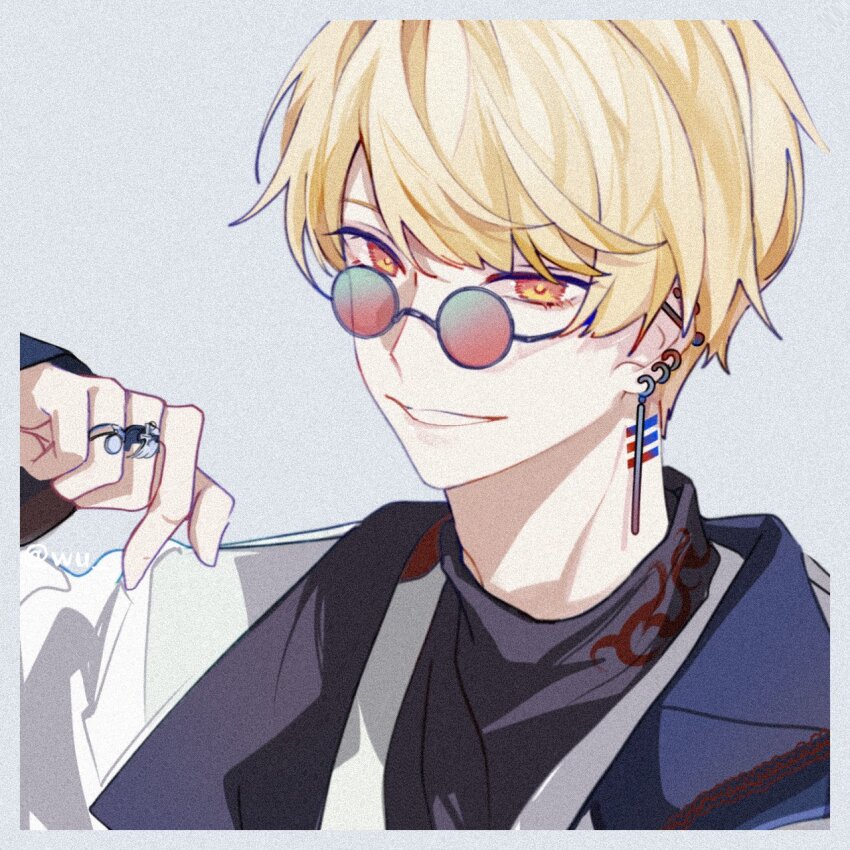 1boy, barbell_piercing, black_shirt, blonde_hair, blue_jacket, border, ear_piercing, earrings