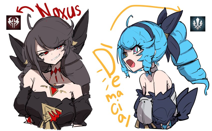 2girls, absurdres, ahoge, alternate_color, alternate_eye_color, alternate_hair_color, bare_shoulders, black_bow, black_hair, blush, bow, breasts, demacia_(league_of_legends), detached_sleeves, drill_hair, dual_persona, green_hair, grin, gwen_(league_of_legends), hair_bow, highres, large_breasts, league_of_legends, monakan_japan, multiple_girls, noxus_(league_of_legends), open_mouth, ponytail, red_eyes, simple_background, smile, twin_drills, twintails, white_background