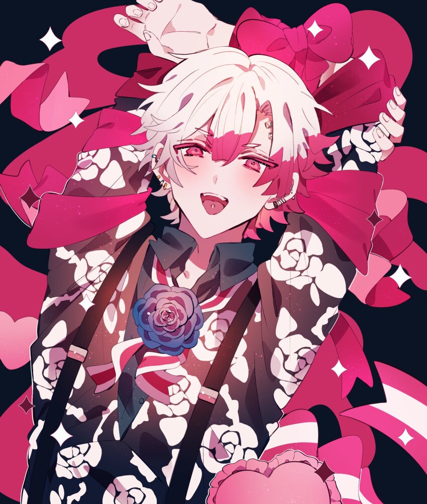 1boy, akuma_shitsuji_to_kuroi_neko, ammon_lead, black_background, black_shirt, blue_flower, blue_rose, bow