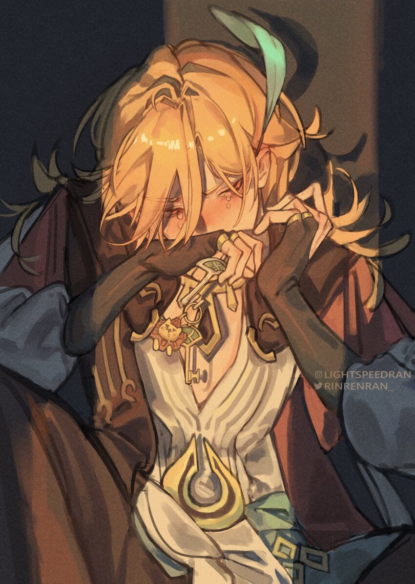 1boy, arabian_clothes, blonde_hair, blue_feathers, bridal_gauntlets, covering_own_mouth, crying, crying_with_eyes_open, facing_viewer, feather_hair_ornament, feathers, genshin_impact, hair_ornament, highres, holding, holding_key, instagram_username, jacket, kaveh_(genshin_impact), key, lightspeedran, long_sleeves, looking_to_the_side, male_focus, red_eyes, red_jacket, shirt, solo, tears, twitter_username, white_shirt