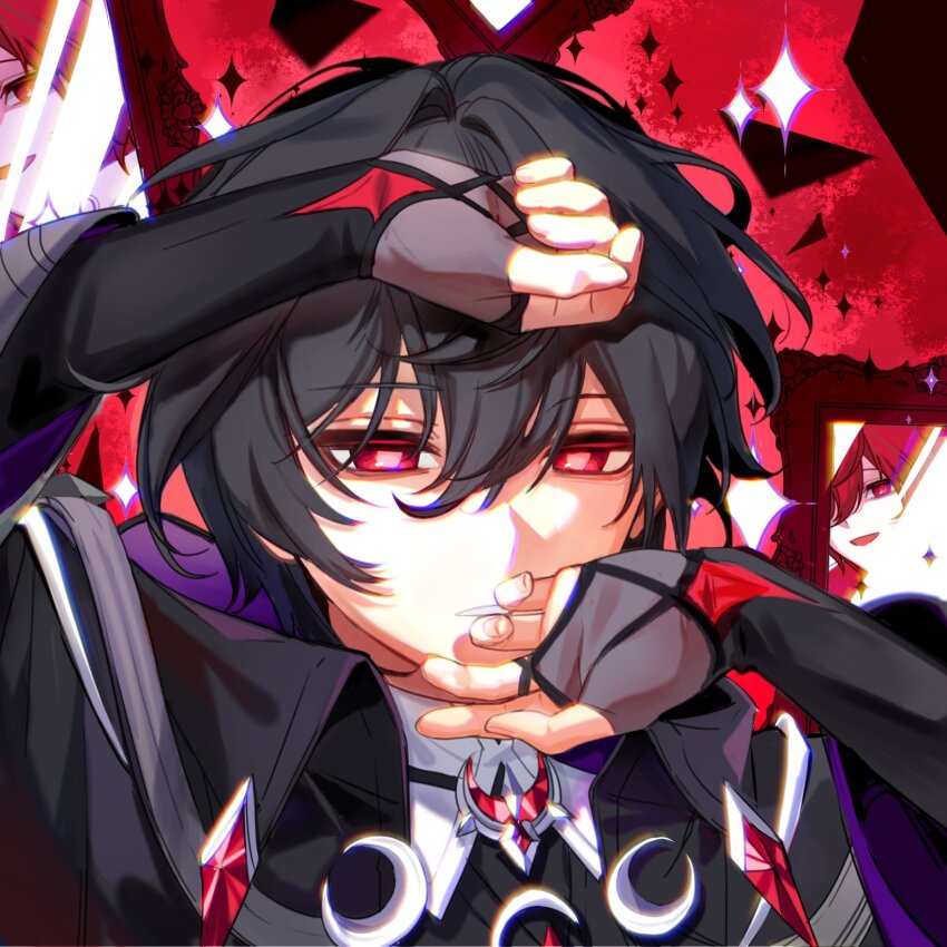 1boy, black_background, black_capelet, black_hair, black_jacket, blue_hair, capelet, elsword
