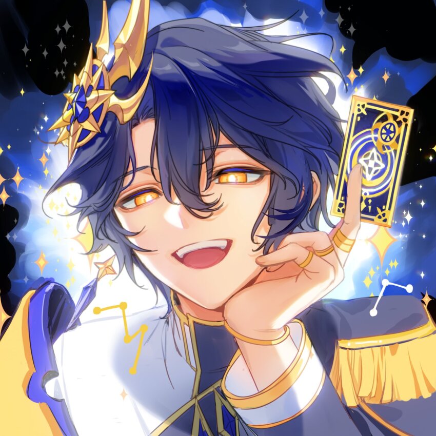 1boy, black_background, blue_hair, blue_jacket, blue_shirt, card, celestia_(elsword), dark_blue_hair, elsword, highres, holding, holding_card, jacket, male_focus, multicolored_shirt, noah_ebalon, orange_eyes, playing_card, shirt, short_hair, sky, smile, solo, star_(sky), star_(symbol), starry_sky, starry_sky_background, teeth, white_shirt, zhangyangri