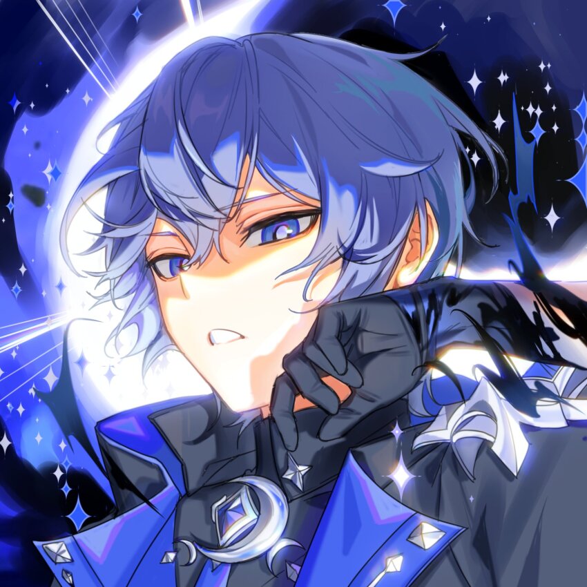 1boy, black_background, black_gloves, black_jacket, blue_background, blue_eyes, blue_hair, elsword, gloves, highres, jacket, liberator_(elsword), long_sleeves, looking_at_viewer, male_focus, multicolored_background, noah_ebalon, parted_lips, purple_background, short_hair, solo, star_(symbol), star_symbol_background, teeth, unhappy, zhangyangri