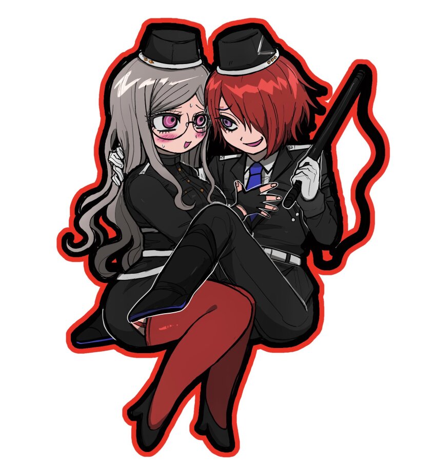 1boy, 1girl, belt, black_footwear, black_gloves, black_headwear, black_jacket, black_pants