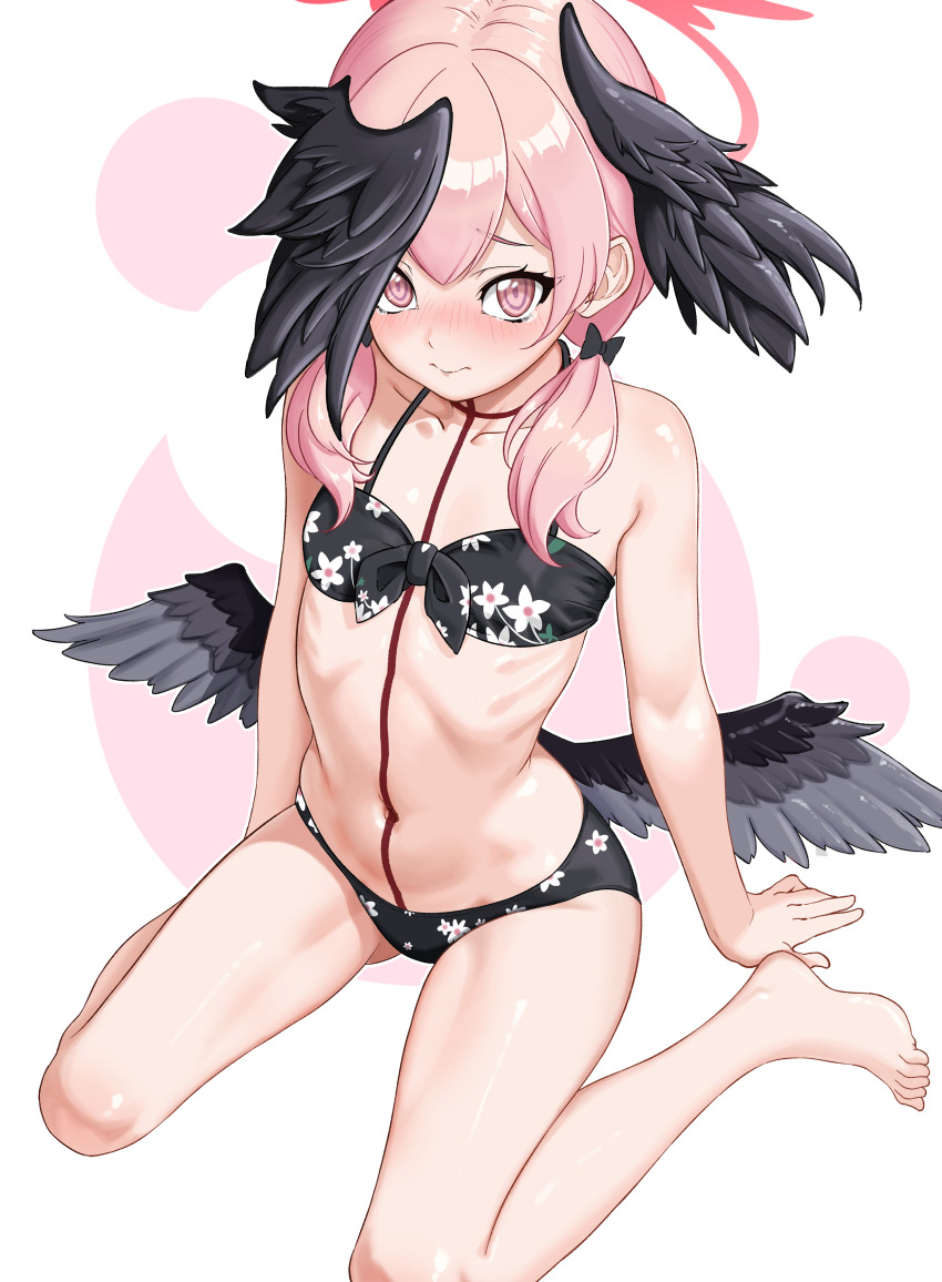 1girl, absurdres, bare_shoulders, barefoot, bikini, black_bikini, black_bow, black_wings