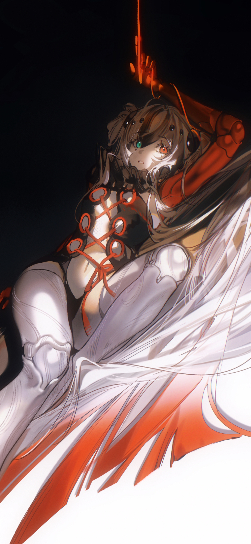 1girl, arlizi, black_background, fate/grand_order, fate_(series), green_eyes, grey_hair, hair_spread_out