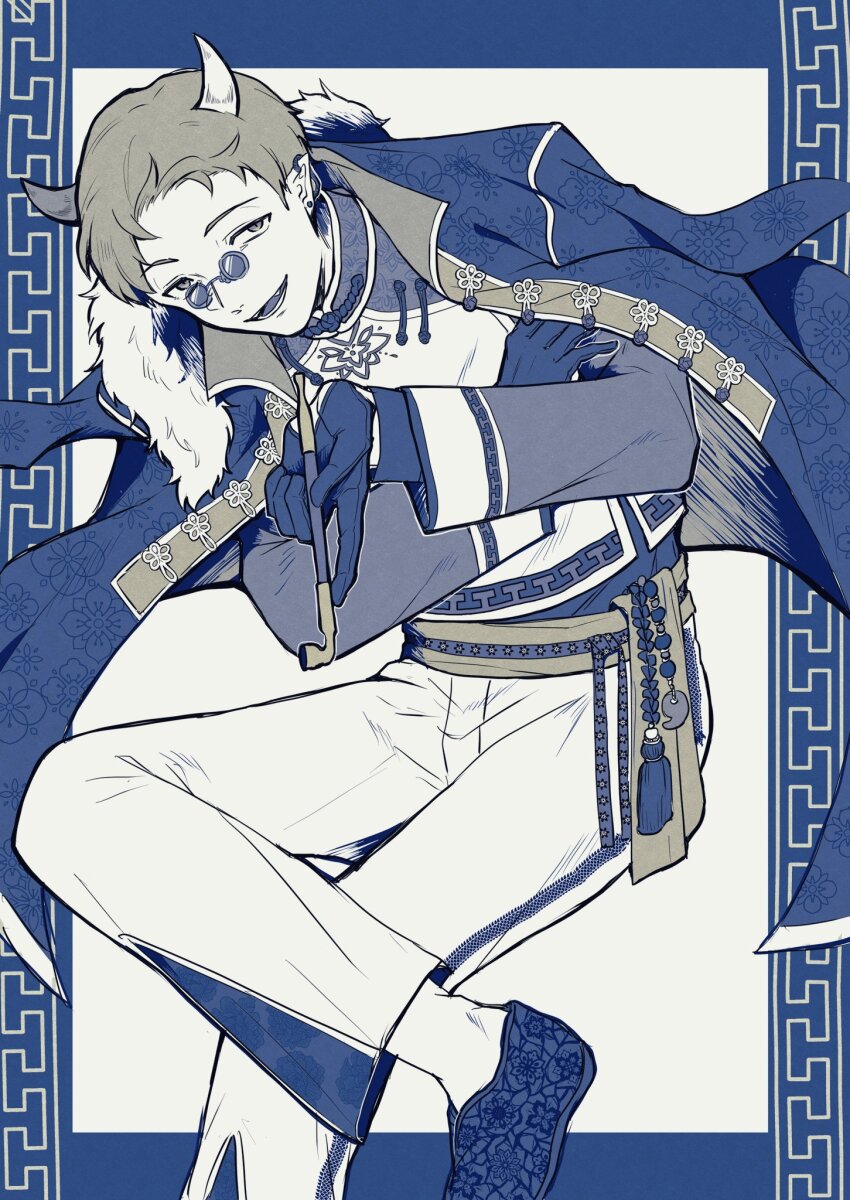 1boy, :d, alternate_costume, alternate_hairstyle, baroku_iroiro, blue_border, blue_theme, border