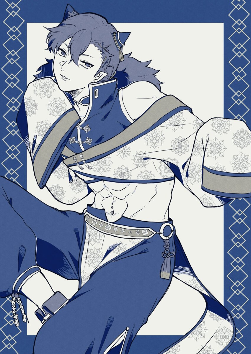 1boy, abs, alternate_costume, alternate_hairstyle, bare_shoulders, baroku_iroiro, blue_border, blue_theme, border, chinese_clothes, crop_top, cropped_jacket, cropped_shirt, earrings, foot_out_of_frame, hair_behind_ear, hair_between_eyes, hair_ornament, hairclip, hairpods, highres, invisible_chair, jewelry, knee_up, long_hair, long_sleeves, looking_at_viewer, low_twintails, mairimashita!_iruma-kun, male_focus, midriff, monochrome, murmur_tsumuru, navel_piercing, off_shoulder, outside_border, pants, patterned_clothing, pelvic_curtain, piercing, pointy_ears, shirt, simple_background, sitting, sleeveless, sleeveless_shirt, sleeves_past_fingers, sleeves_past_wrists, solo, stud_earrings, tangzhuang, tassel, toned, toned_male, twintails, white_background, yaopei