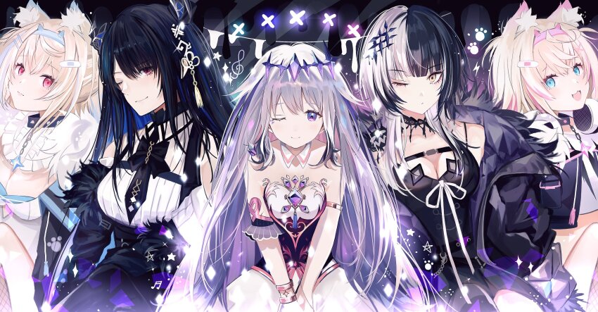 5girls, :3, :d, asymmetrical_horns, black_choker, black_coat, black_dress, black_hair, black_jacket, black_necktie, blue_eyes, breasts, bridal_gauntlets, choker, closed_mouth, coat, collared_shirt, cropped_jacket, cropped_shirt, crown_(artist), crystal, dress, fur-trimmed_coat, fur-trimmed_jacket, fur_trim, fuwawa_abyssgard, fuwawa_abyssgard_(1st_costume), grey_hair, highres, holoadvent, hololive, hololive_english, horns, jacket, koseki_bijou, koseki_bijou_(1st_costume), large_breasts, medium_breasts, mococo_abyssgard, mococo_abyssgard_(1st_costume), multicolored_hair, multiple_girls, necktie, nerissa_ravencroft, nerissa_ravencroft_(1st_costume), one_eye_closed, open_mouth, paw_print, pink_eyes, pink_hair, red_eyes, shiori_novella, shiori_novella_(1st_costume), shirt, single_bridal_gauntlet, small_breasts, smile, two-tone_hair, uneven_horns, virtual_youtuber, white_bridal_gauntlets, white_dress, white_hair, yellow_eyes