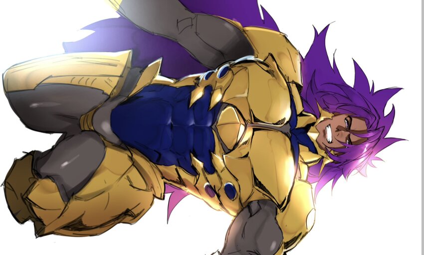 1boy, bara, bhima_(fate), bhima_(third_ascension)_(fate), bodysuit, bodysuit_under_clothes, covered_abs, covered_navel