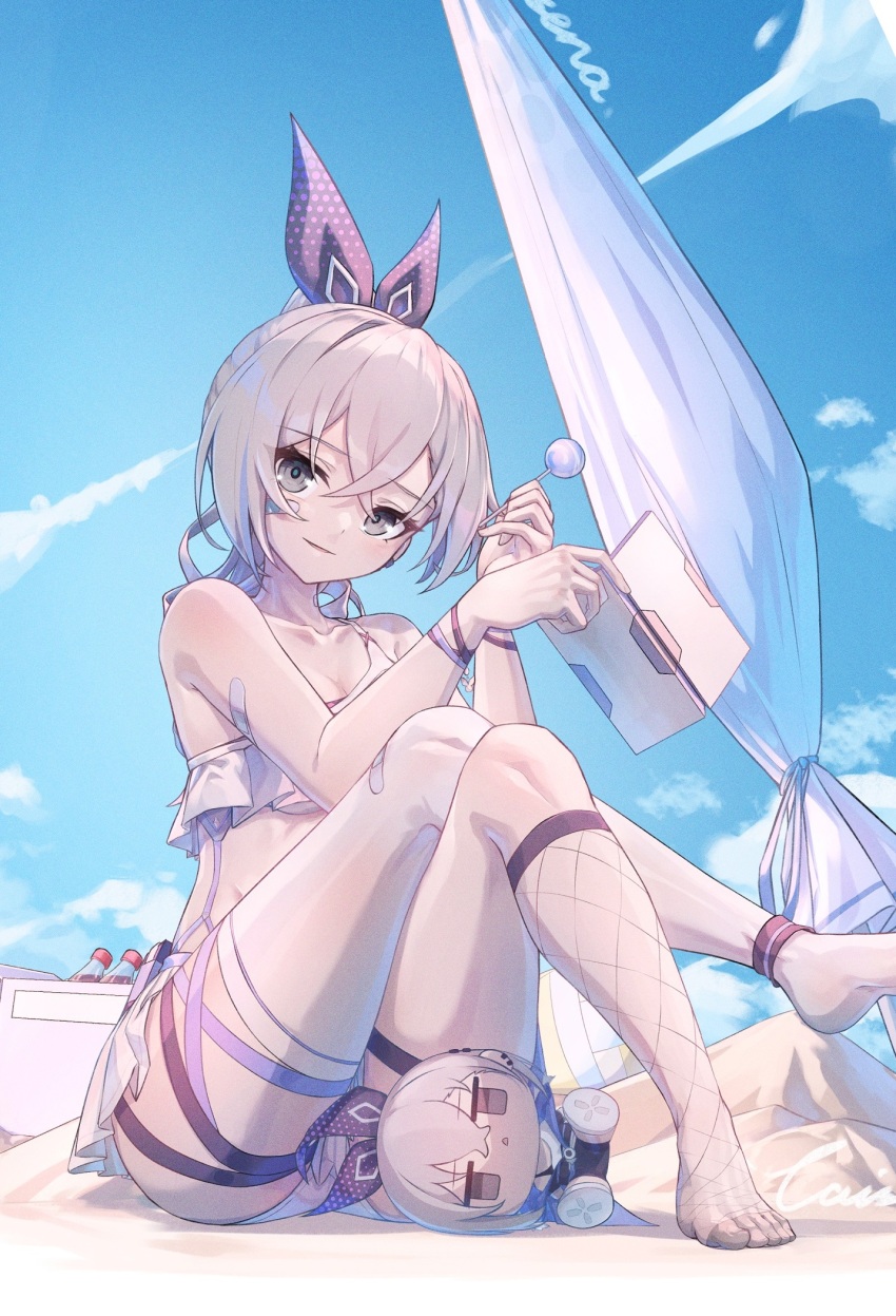 1girl, adapted_costume, bare_arms, bare_shoulders, beach_umbrella, bikini, blue_sky, caisena