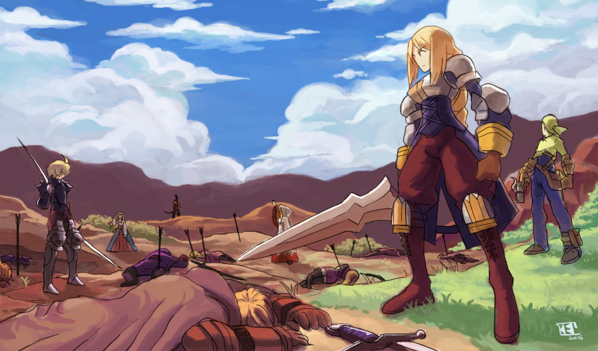 2girls, 3girls, absurdres, after_battle, agrias_oaks, archer_(fft), armor, arrow_(projectile)