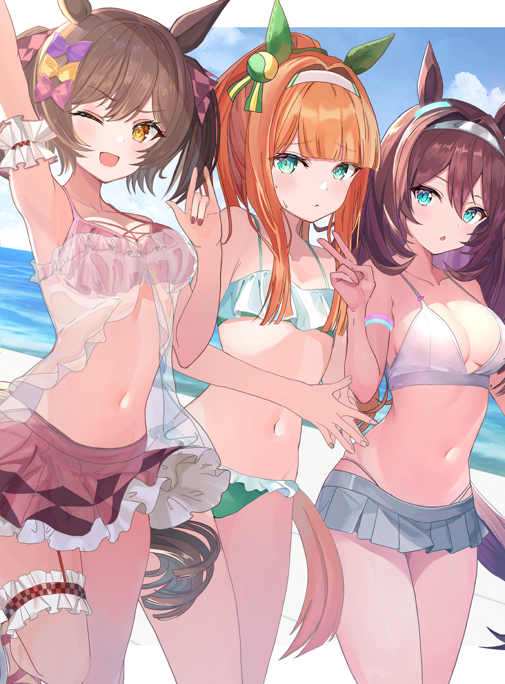 3girls, alternate_costume, animal_ears, aqua_eyes, bare_shoulders, beach, blue_eyes, blush