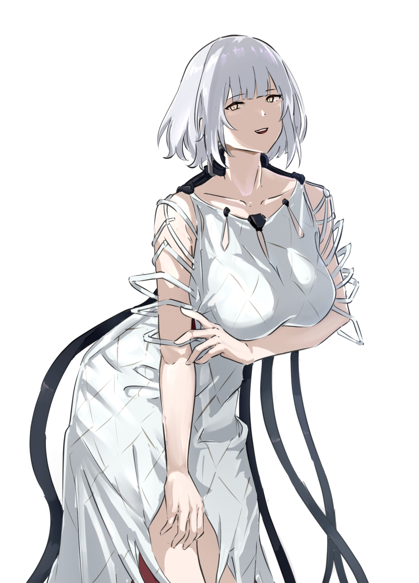 1girl, breasts, dress, feet_out_of_frame, girls'_frontline, grey_dress, highres, large_breasts