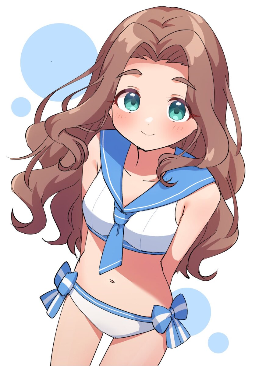 1girl, arms_behind_back, bikini, blue_bow, blue_neckerchief, blue_sailor_collar, blush, bow, breasts, brown_hair, bubble_background, collarbone, commentary_request, cowboy_shot, dot_nose, green_eyes, highres, idolmaster, kahiika, kusakabe_wakaba, long_hair, looking_at_viewer, navel, neckerchief, parted_bangs, sailor_bikini, sailor_collar, sailor_swimsuit_(idolmaster), small_breasts, smile, solo, stomach, swimsuit, thick_eyebrows, thighs, wavy_hair, white_background, white_bikini