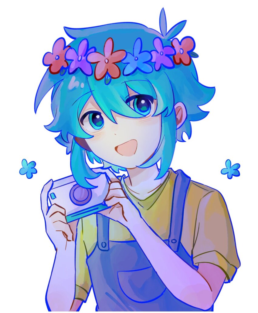 1boy, basil_(headspace)_(omori), basil_(omori), blue_overalls, blush, camera, collarbone, flower