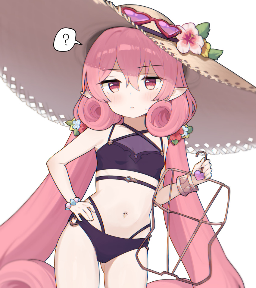 1girl, ?, bead_bracelet, beads, bikini, blush, bracelet, breasts, closed_mouth, clothes_hanger, cowboy_shot, dated_commentary, eyewear_on_headwear, female_focus, flower, gluteal_fold, hair_between_eyes, hair_flower, hair_ornament, hand_on_own_hip, hand_up, hat, hat_flower, heart, heart-shaped_eyewear, heart_o-ring, highres, holding, holding_clothes_hanger, jewelry, loli, long_hair, looking_at_viewer, low_twintails, navel, neneka_(princess_connect!), neneka_(summer)_(princess_connect!), o-ring, o-ring_bikini, official_alternate_costume, pink_eyes, pink_hair, pointy_ears, princess_connect!, purple_bikini, red-framed_eyewear, simple_background, small_breasts, solo, sorahana_(haruka1638), speech_bubble, spoken_question_mark, sun_hat, sunglasses, swimsuit, twintails, very_long_hair, white_background