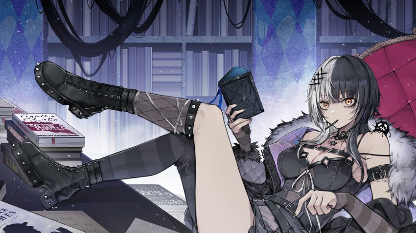 1girl, absurdres, arm_belt, asymmetrical_legwear, bang_telex, bare_shoulders, belt, black_belt